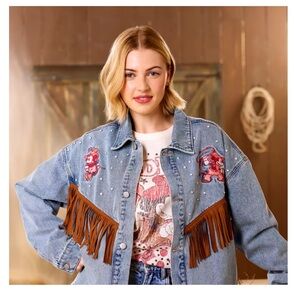 NWT Disney Mickey Mouse Western Denim Jacket FRINGE Cowboy Rare Size M Unisex